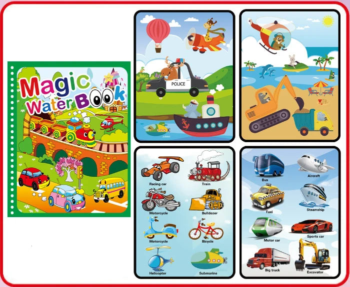 A set of illustrations for a Magic Water Book featuring vehicles like police cars, construction equipment, boats, and aircraf