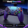 A purple RGB wireless gaming controller shown on a dark surface, highlighting easy connection and fast responsiveness.
