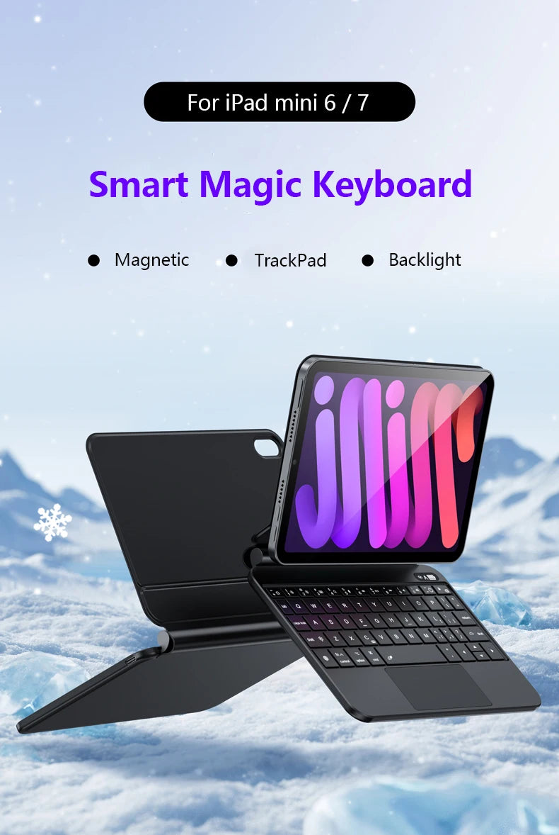 Un teclado Smart Magic negro con trackpad iluminado junto a una tableta iPad Mini.