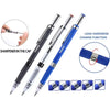 A set of blue and black precision mechanical pencils with a lead hardness change function and a sharpener in the cap.