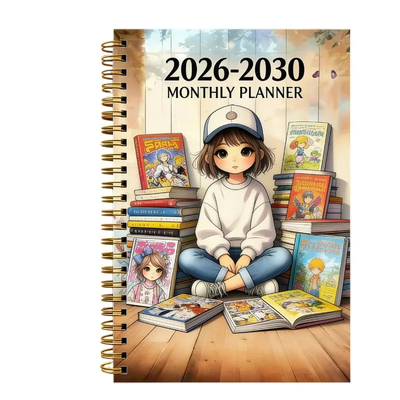 A monthly planner for 2026-2030 featuring a girl surrounded by stacked books and a spiral notebook.