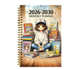 A monthly planner for 2026-2030 featuring a girl surrounded by stacked books and a spiral notebook.