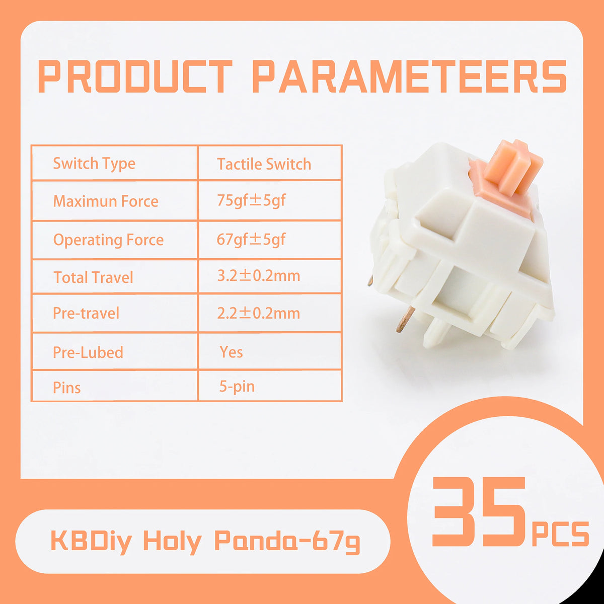 A white tactile switch is shown with technical parameters and a package of 35 pieces.