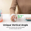 A hand rests on an ergonomic vertical wireless mouse with a 57 degree angle on a white desk.