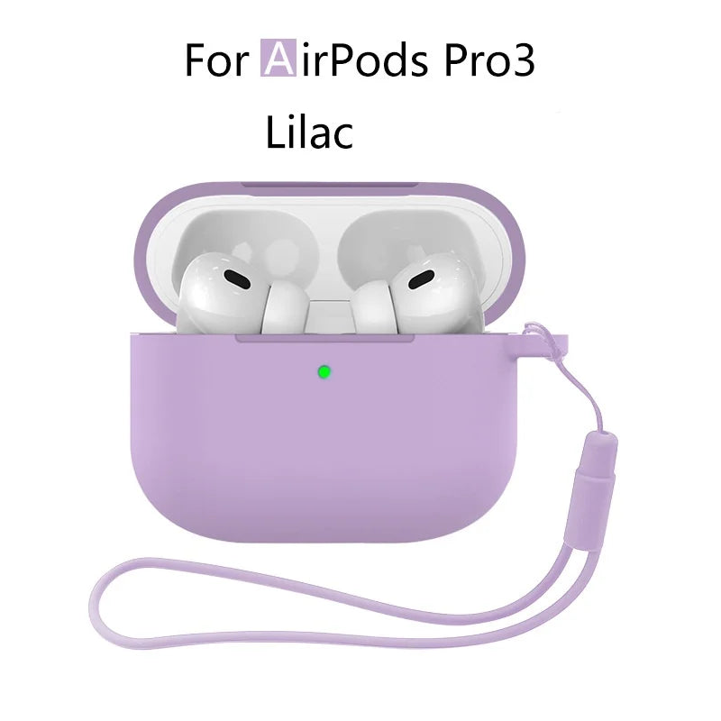 A lilac silicone protective case with a keychain strap for AirPods Pro 3 earbuds.