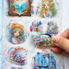 A collection of fantasy magic stickers featuring magical scenes, glowing elements, and ethereal figures.