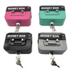 Three metal key lock cash boxes in pink, teal, and black displayed side by side.