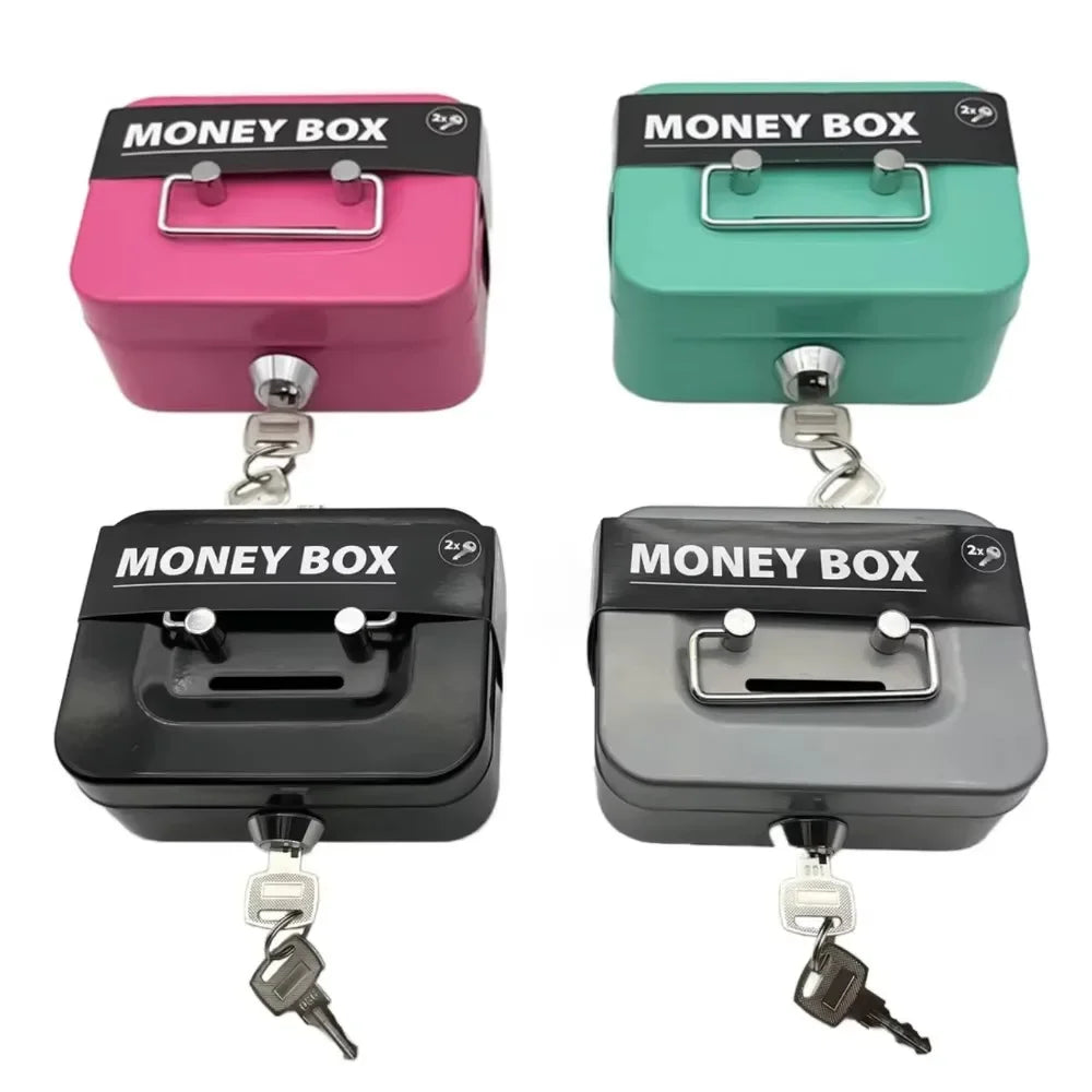 Three metal key lock cash boxes in pink, teal, and black displayed side by side.