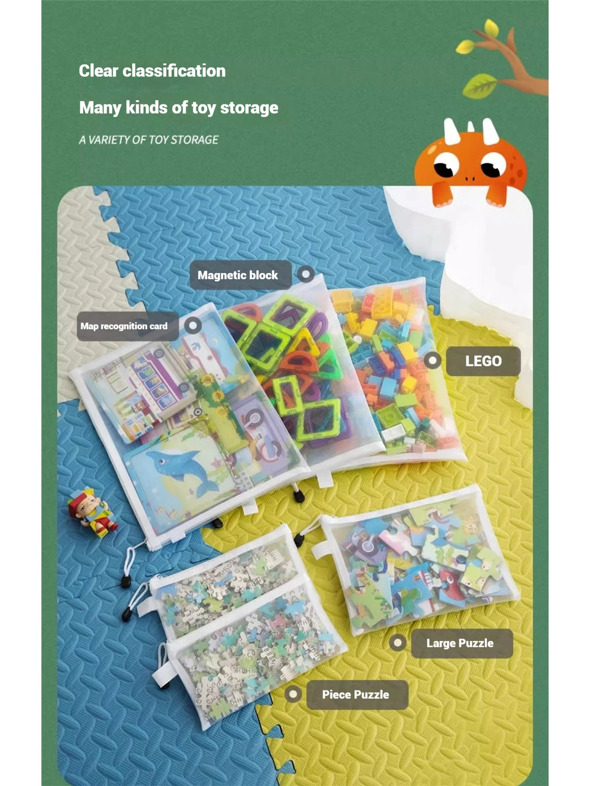 A variety of toy storage bags including a magnetic block, map recognition card, LEGO bricks, and puzzles.