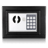 A black digital lock safe box with a keypad and a fingerprint scanner display.