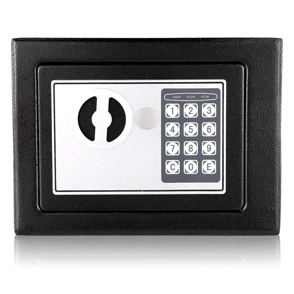A black digital lock safe box with a keypad and a fingerprint scanner display.