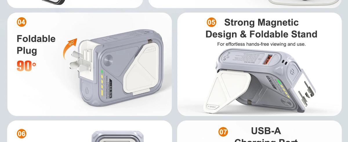 A product feature graphic showing a foldable plug design at a 90-degree angle.