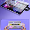 A hand aligns an iPad with a film to cover the dust-free compartment with a tempered glass screen protector.