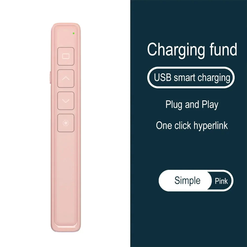 A pink presentation pen pointer with a light remote and USB smart charging features.