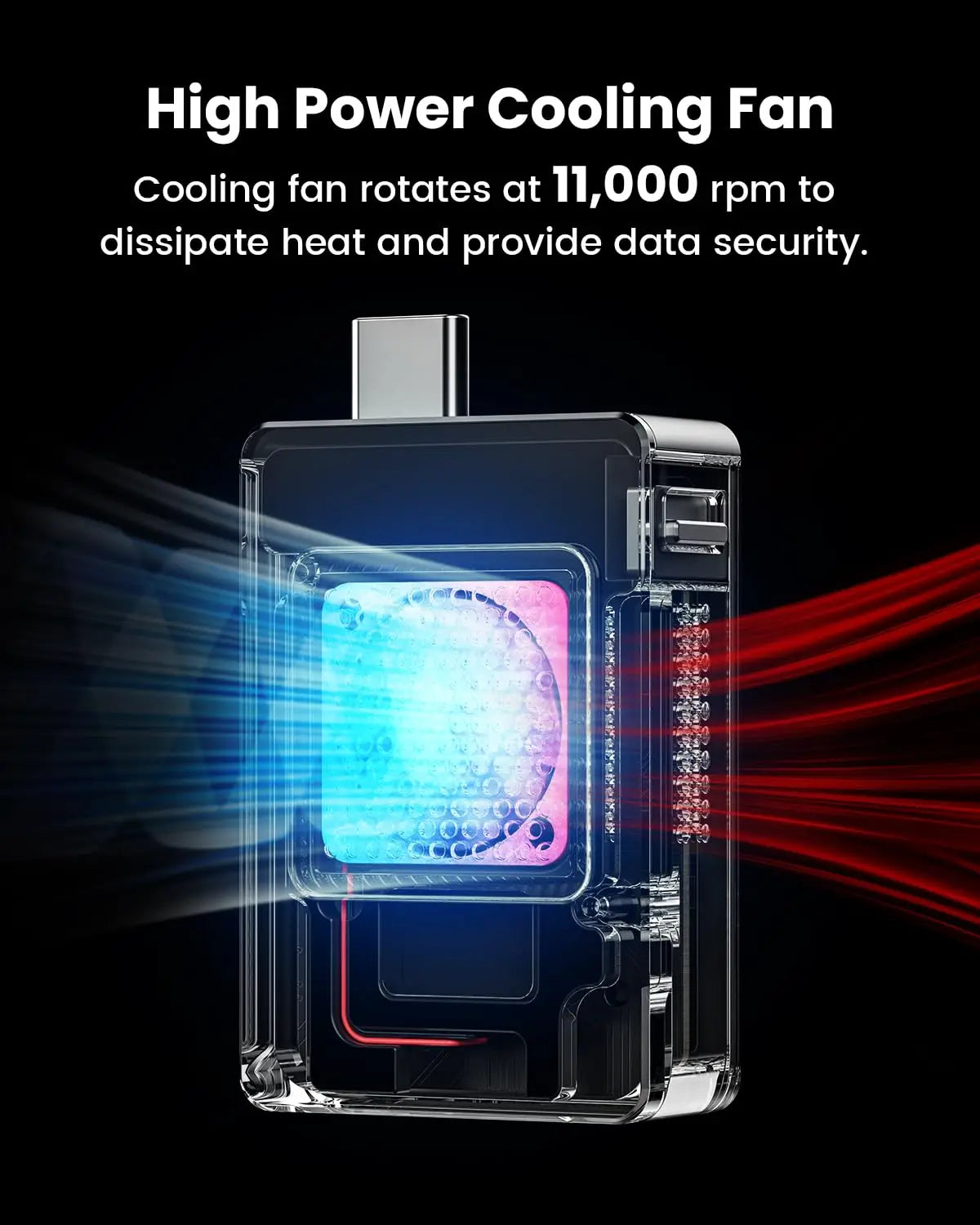 Boîtier clair pour disque SSD M.2 NVMe avec ventilateur de refroidissement interne visible.
