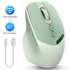 A light green wireless mouse showing connection options for 2.4G and Bluetooth modes.