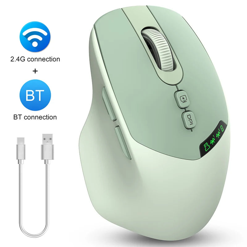 A light green wireless mouse showing connection options for 2.4G and Bluetooth modes.