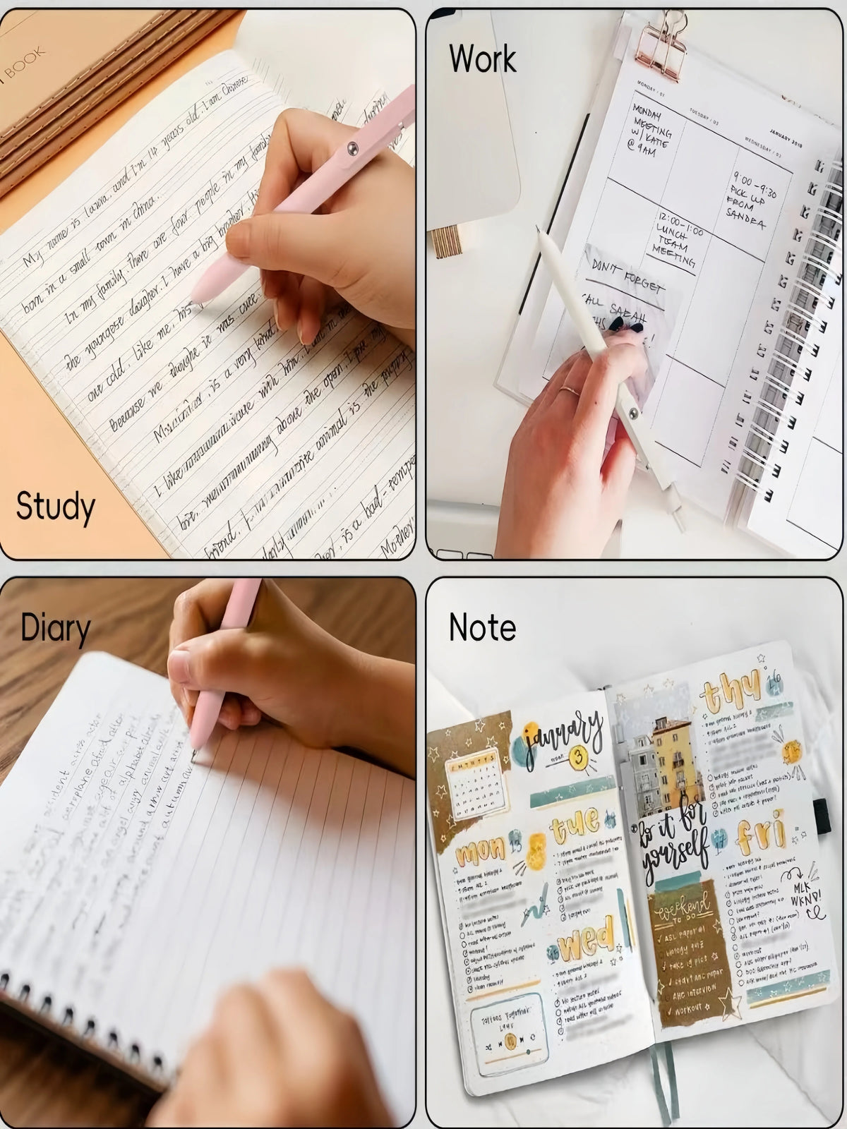 Four images showing people writing in notebooks and planners with Morandi Gel Pens