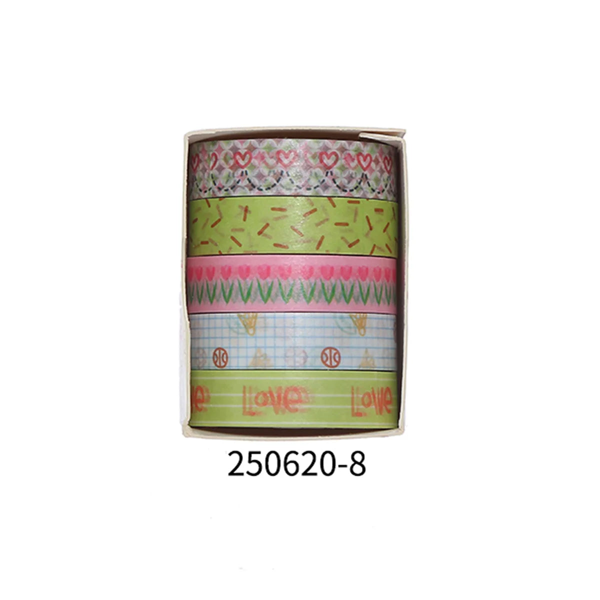 A roll of floral patterned washi tape with various decorative designs and colors.