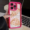 A pink phone case with a croissant newspaper pattern is shown next to a hand and a laptop.