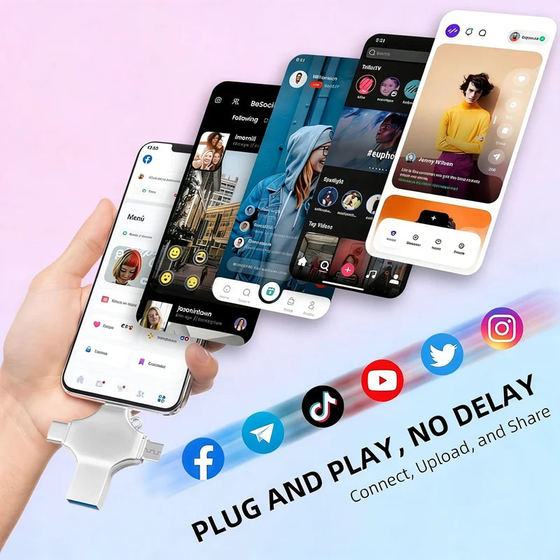A hand holds multiple smartphones displaying a user interface, demonstrating the plug and play connectivity of a Multi-Capaci