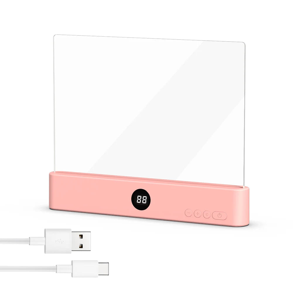 A pink acrylic book night light with a digital timer display and a USB charging port.
