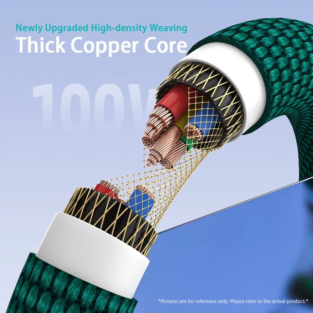 A close-up view of a newly upgraded high-density weaving thick copper core charging cable with braided durability.