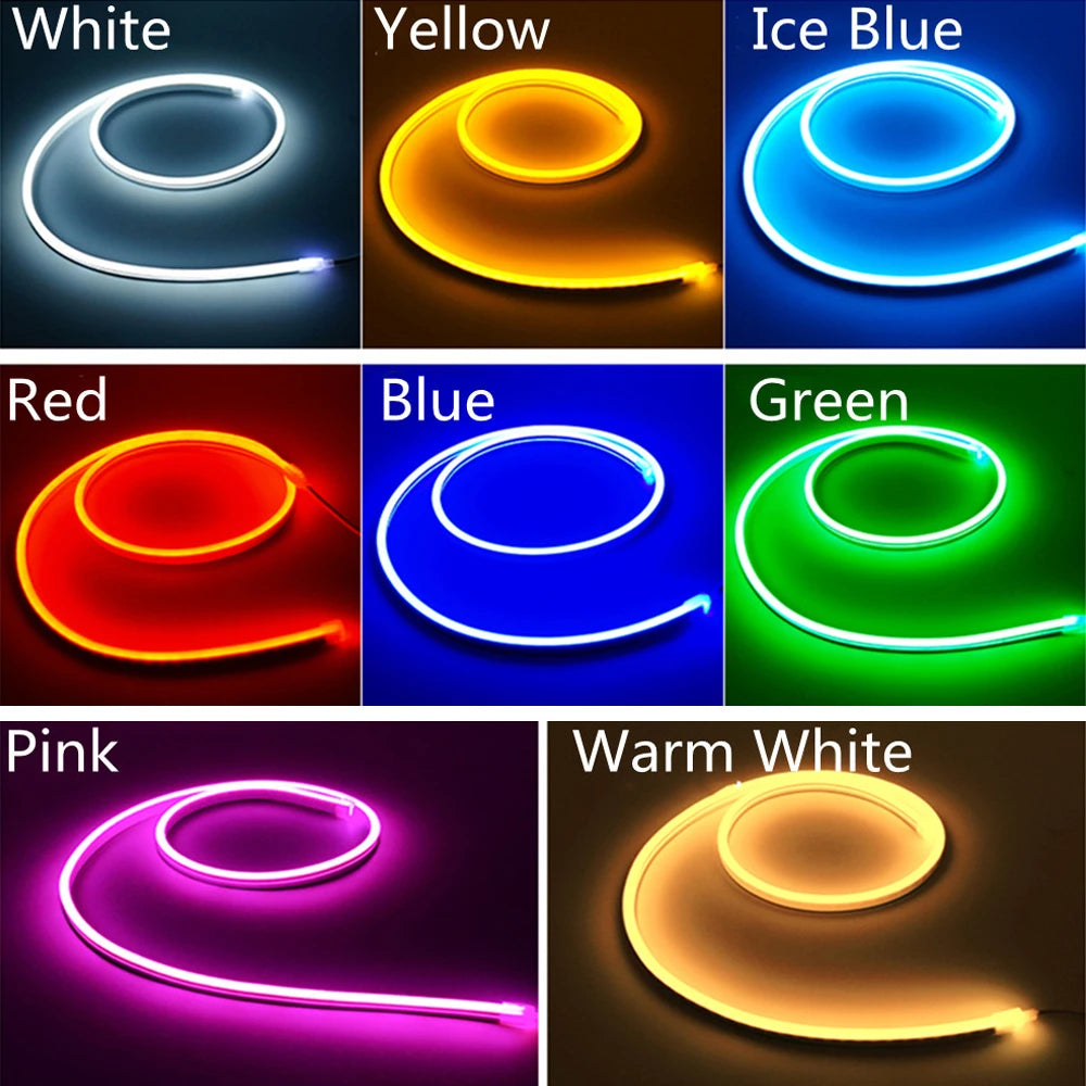 Una cuadrícula que muestra varios colores de tiras LED flexibles de neón, incluyendo blanco, amarillo, azul hielo, rojo, azul