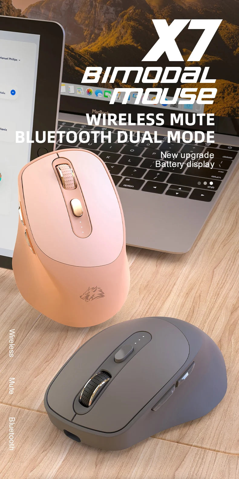 A pink wireless mouse is shown next to its dark gray version, highlighting the X7 Bimodal Mouse dual mode features.