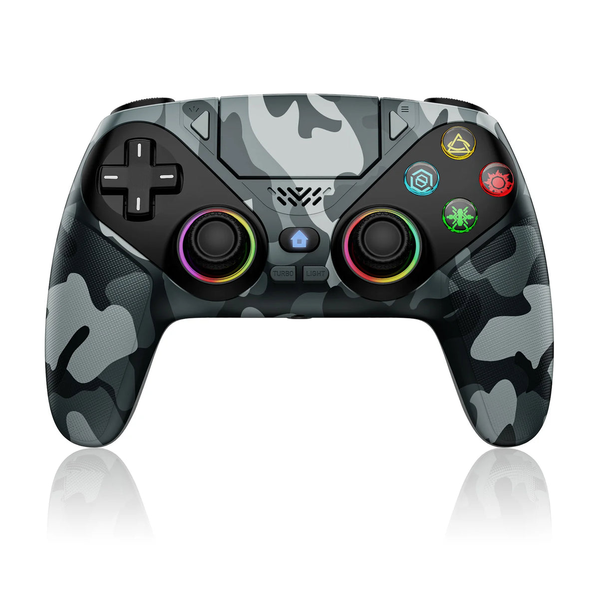 A black and gray camouflage patterned RGB wireless gaming controller for PS5 and PC