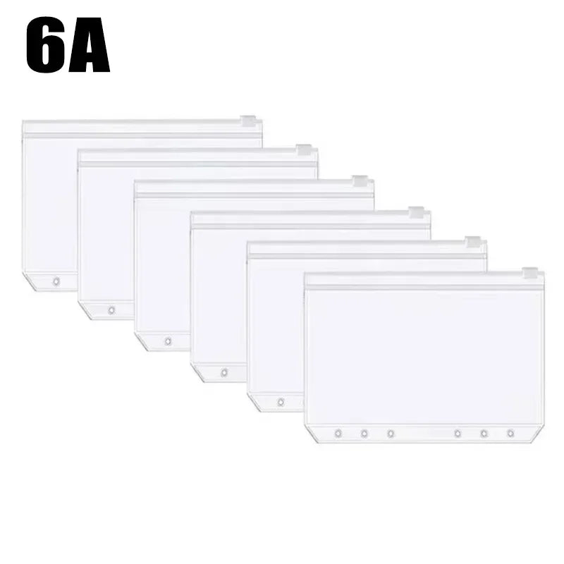 A set of six clear zippered budget envelopes for notebooks.