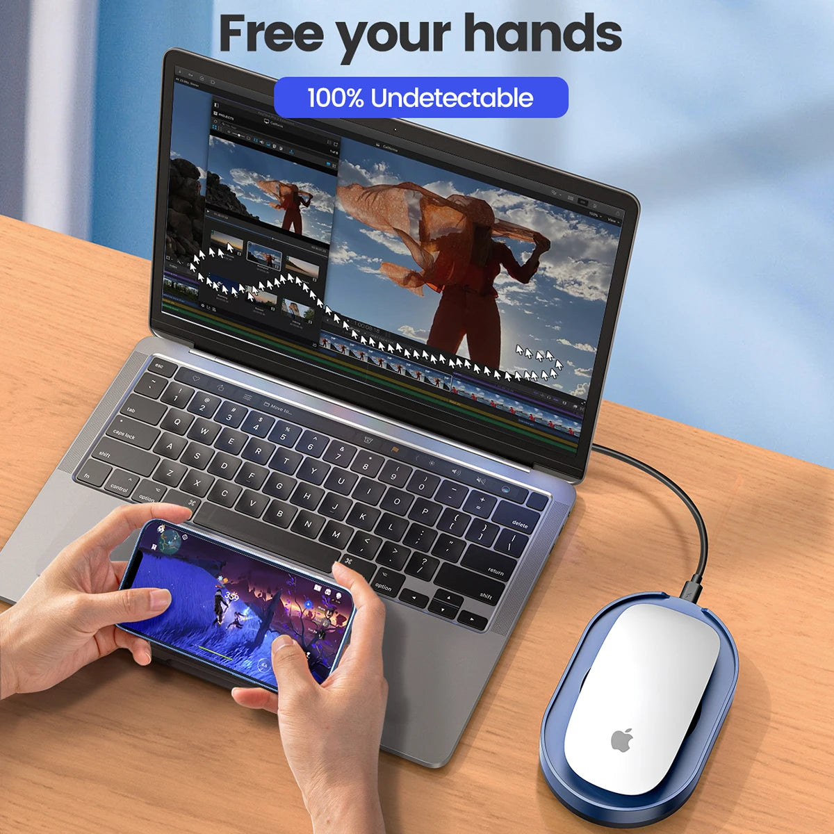 Una mano usa un Apple Magic Mouse en una laptop, con un dispositivo jiggler cerca.