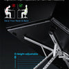 A black foldable laptop and phone mount with eight height adjustment levels shown in detail.