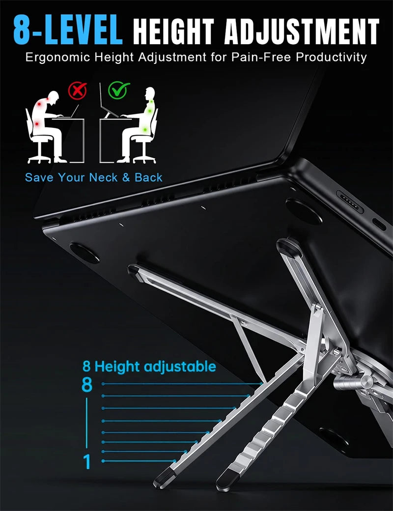 A black foldable laptop and phone mount with eight height adjustment levels shown in detail.