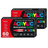 Box of 60 acrylic brush markers with ink system and flexible tips for art and crafting