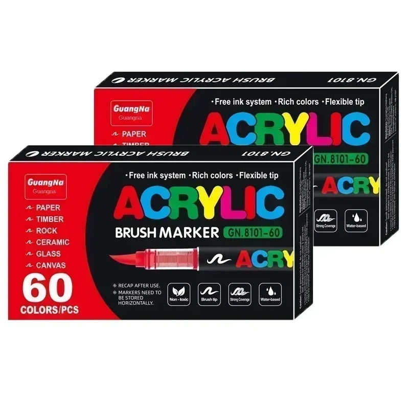 Box of 60 acrylic brush markers with ink system and flexible tips for art and crafting
