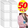 A stack of 50 durable waterproof ID card holder sleeves next to a woman wearing a pink blazer.