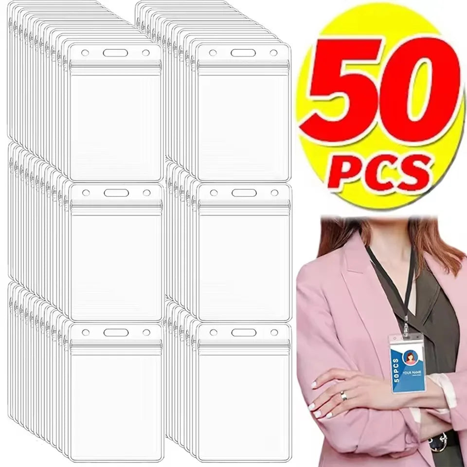 A stack of 50 durable waterproof ID card holder sleeves next to a woman wearing a pink blazer.