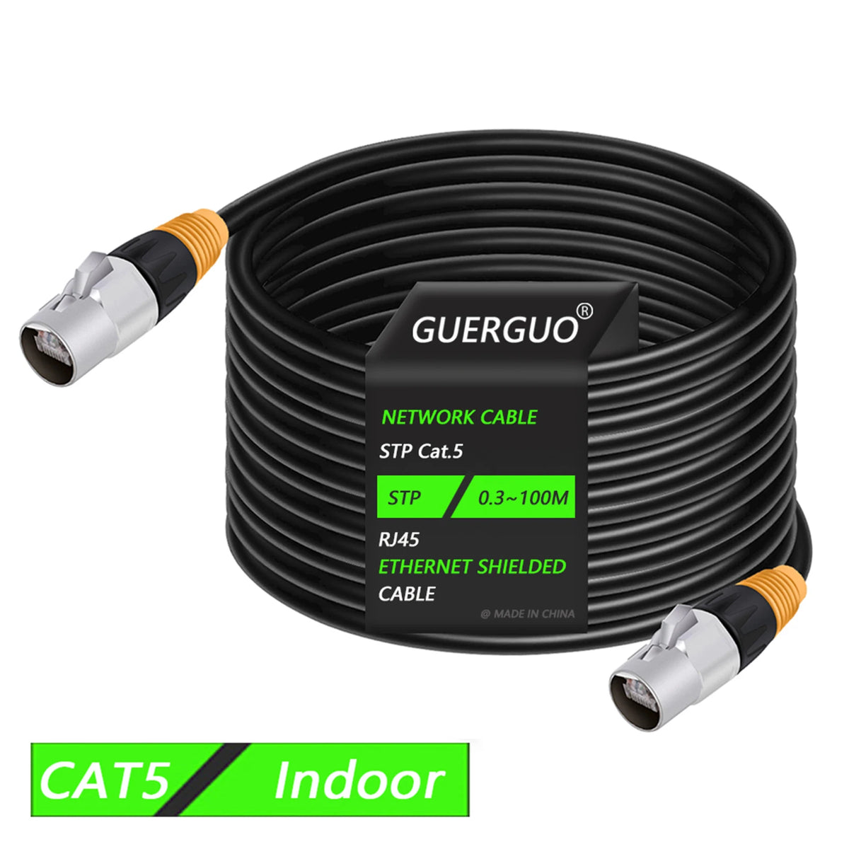 Black coiled shielded network cable with connectors, suitable for indoor Ethernet connections.