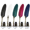 A set of five retro calligraphy feather dip pens in black, white, green, red, and navy blue displayed with their gift boxes.