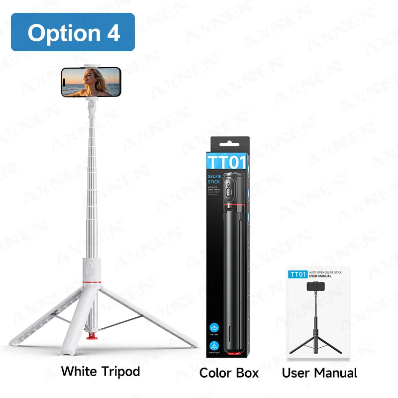 White tripod selfie stick product shown with its color box and user manual.