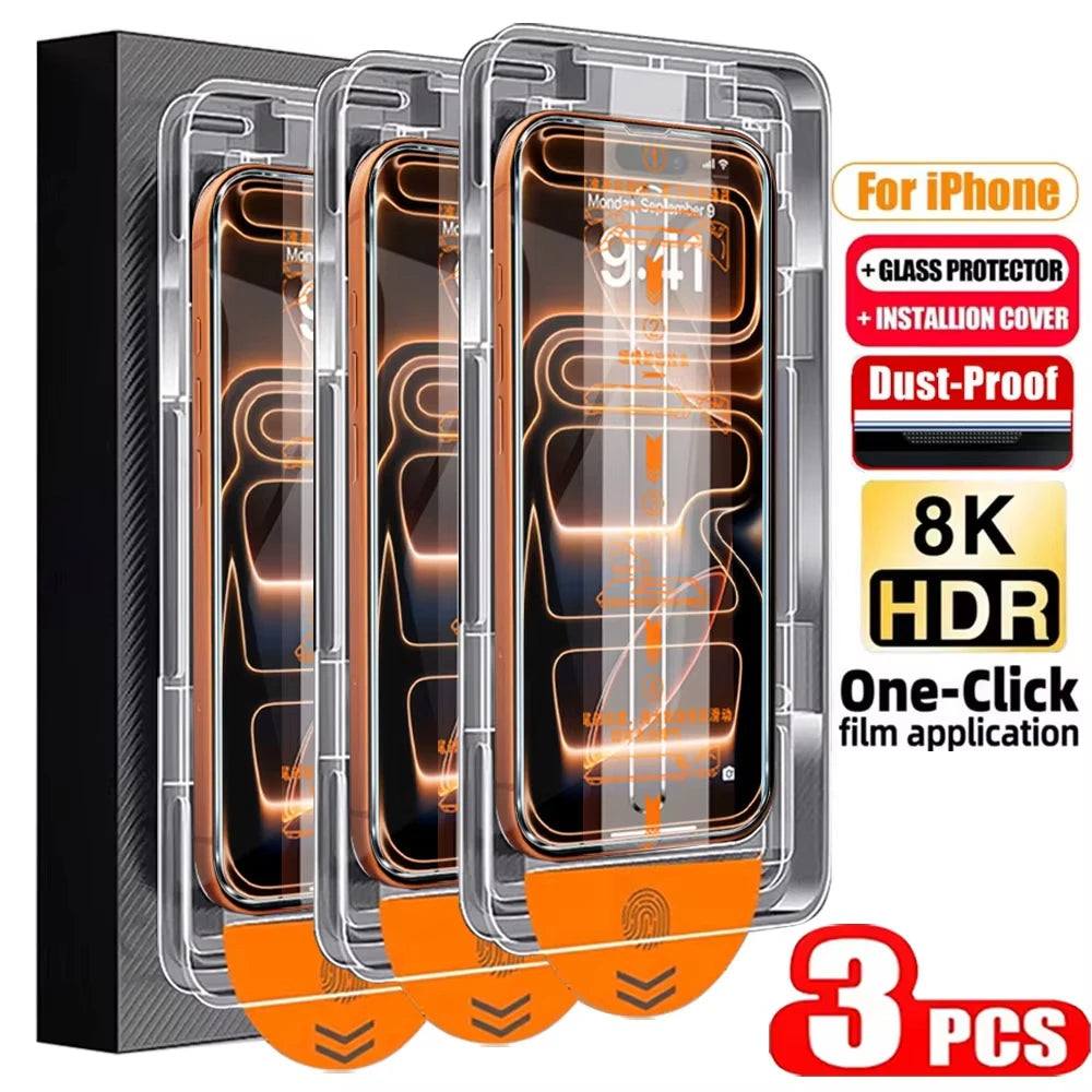 Three packs of Ultra-Clear Tempered Glass screen protectors for iPhone models with installation covers