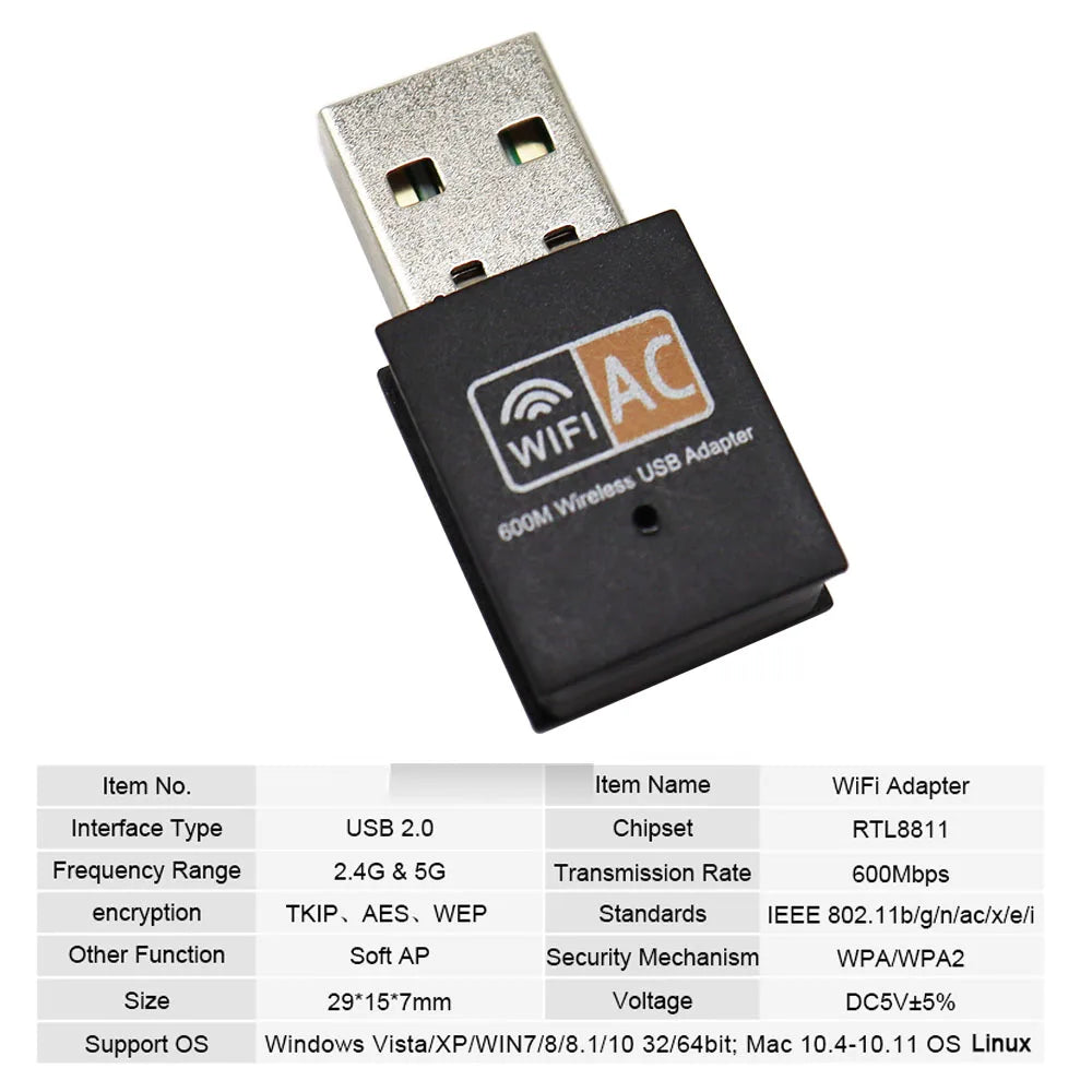 A black USB Wi-Fi adapter with an AC connector and various technical specifications listed below it.