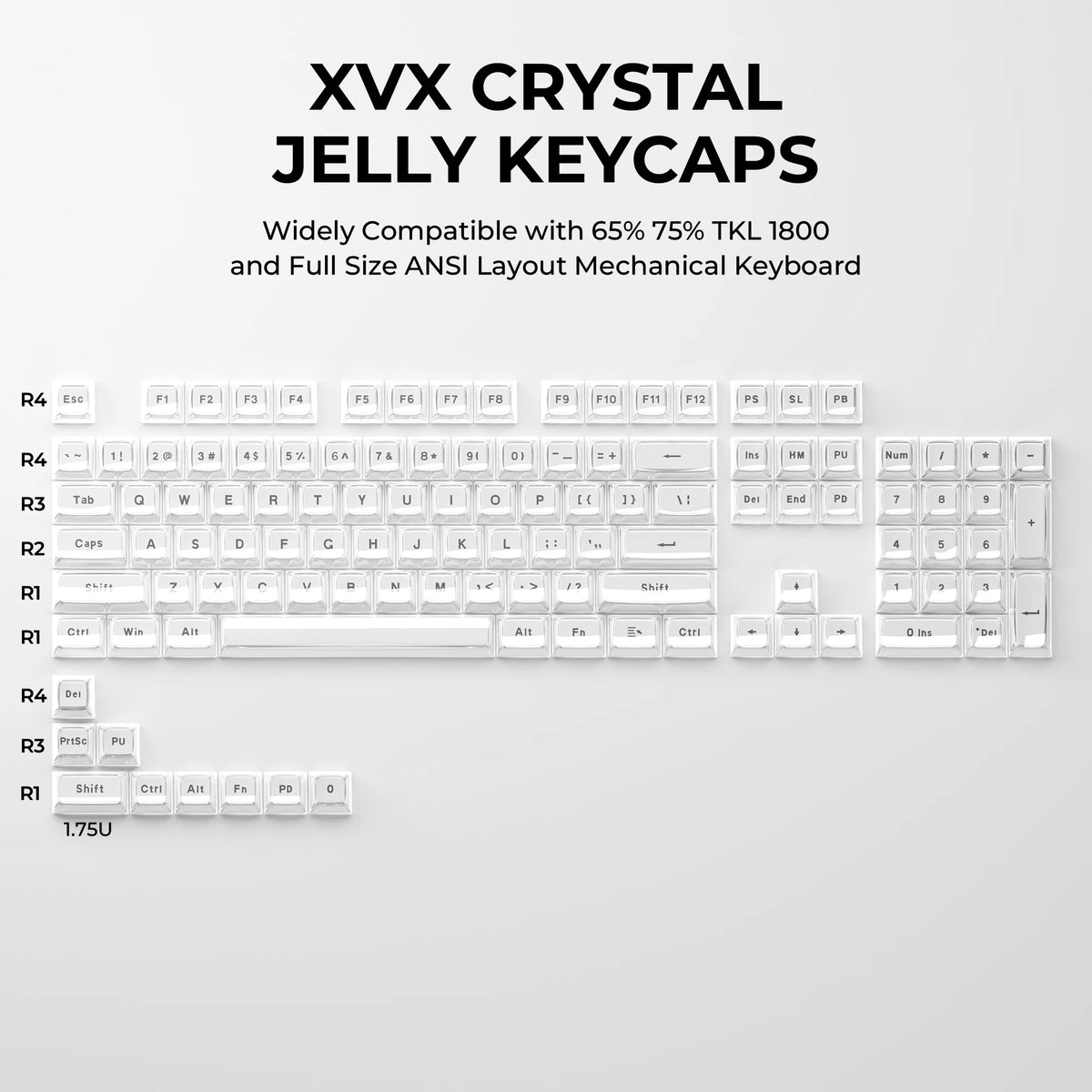XVX Crystal Jelly Keycaps for a mechanical keyboard showing various key layouts and profiles.