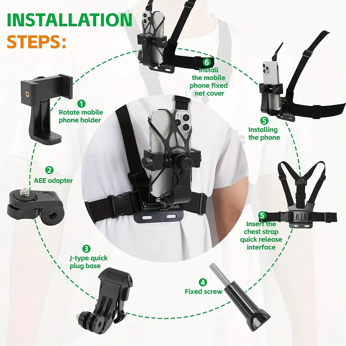 Installation steps showing how to install an adjustable head and chest mount for phones and action cameras.