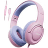 Pink wired headphones with purple earcups and a pink cord shown against a white background.