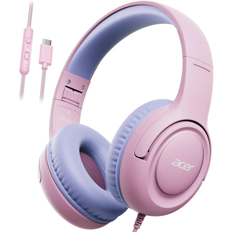 Pink wired headphones with purple earcups and a pink cord shown against a white background.