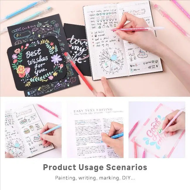 A set of Morandi gel pens with 27 unique color styles are shown alongside a notebook and various writing tools.