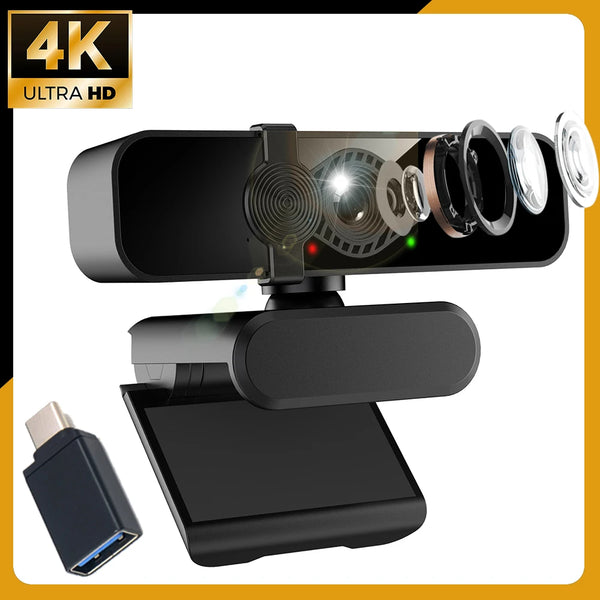 A black 4K Ultra HD USB webcam with a protective privacy cover and a detachable cable.