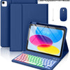 A blue multi-function case for an iPad showing the tablet, keyboard, pen, and mouse accessories.